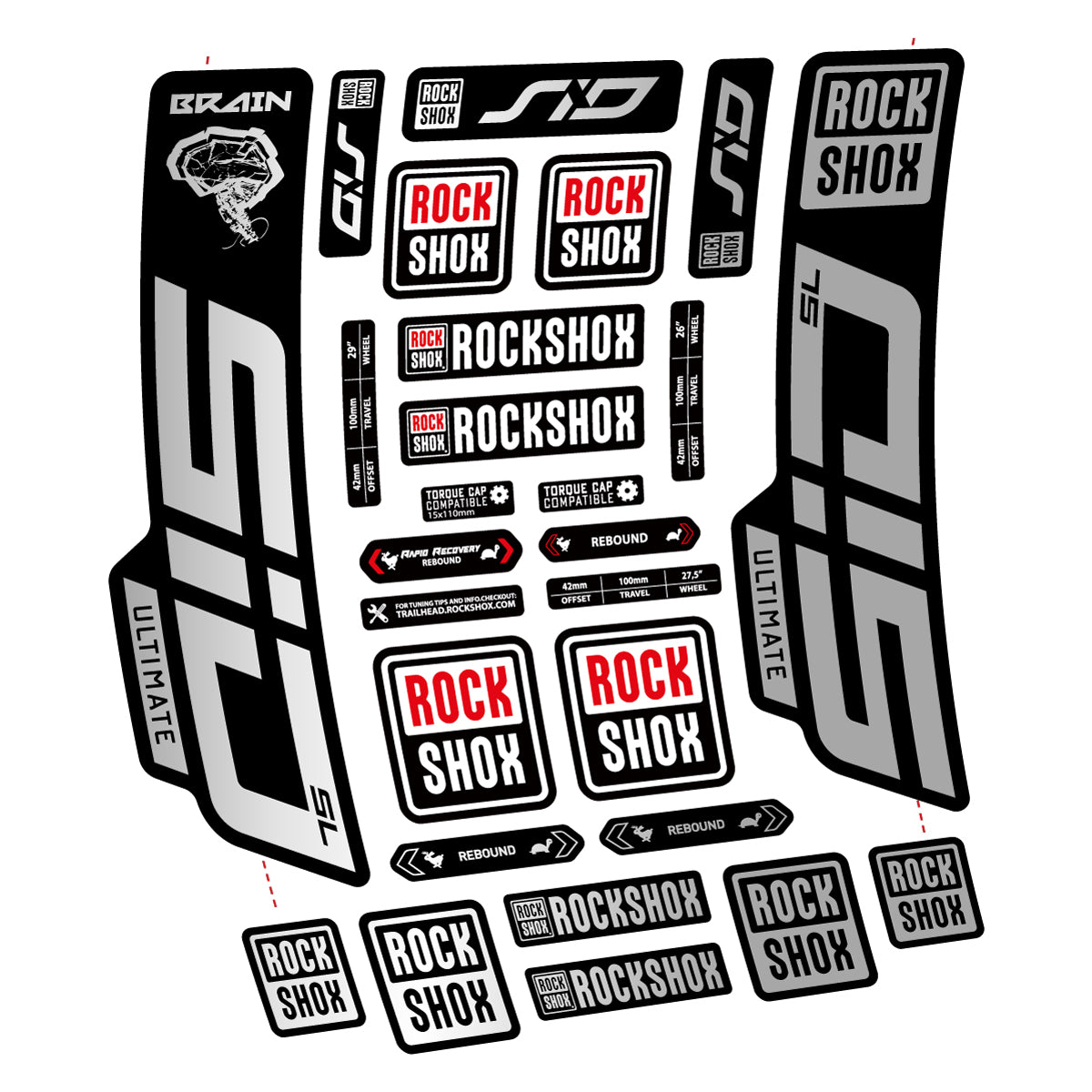 Stickers for RockShox SID Brain Ultimate 2021-2025, Fork vinyl decals - Light Silver