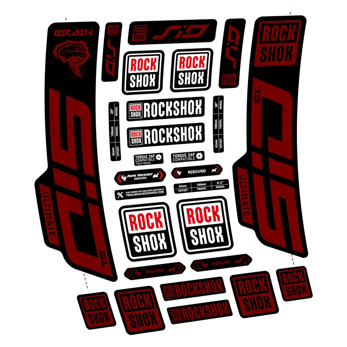 Stickers for RockShox SID Brain Ultimate 2021-2025, Fork vinyl decals - Very Dark Red