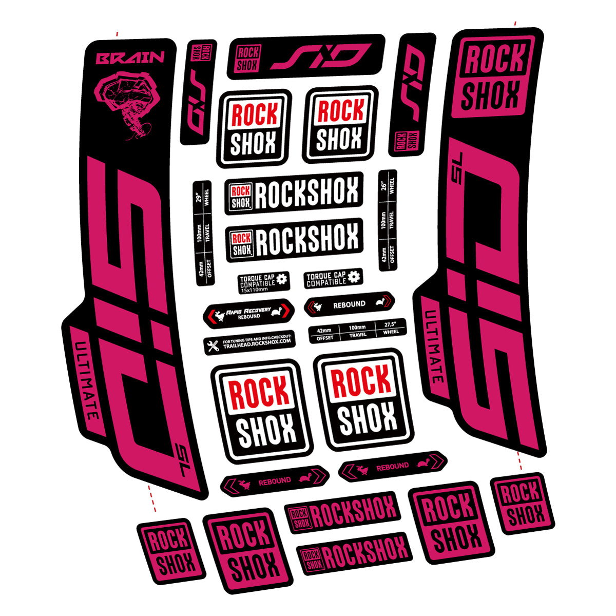 Stickers for RockShox SID Brain Ultimate 2021-2025, Fork vinyl decals - Dark Pink