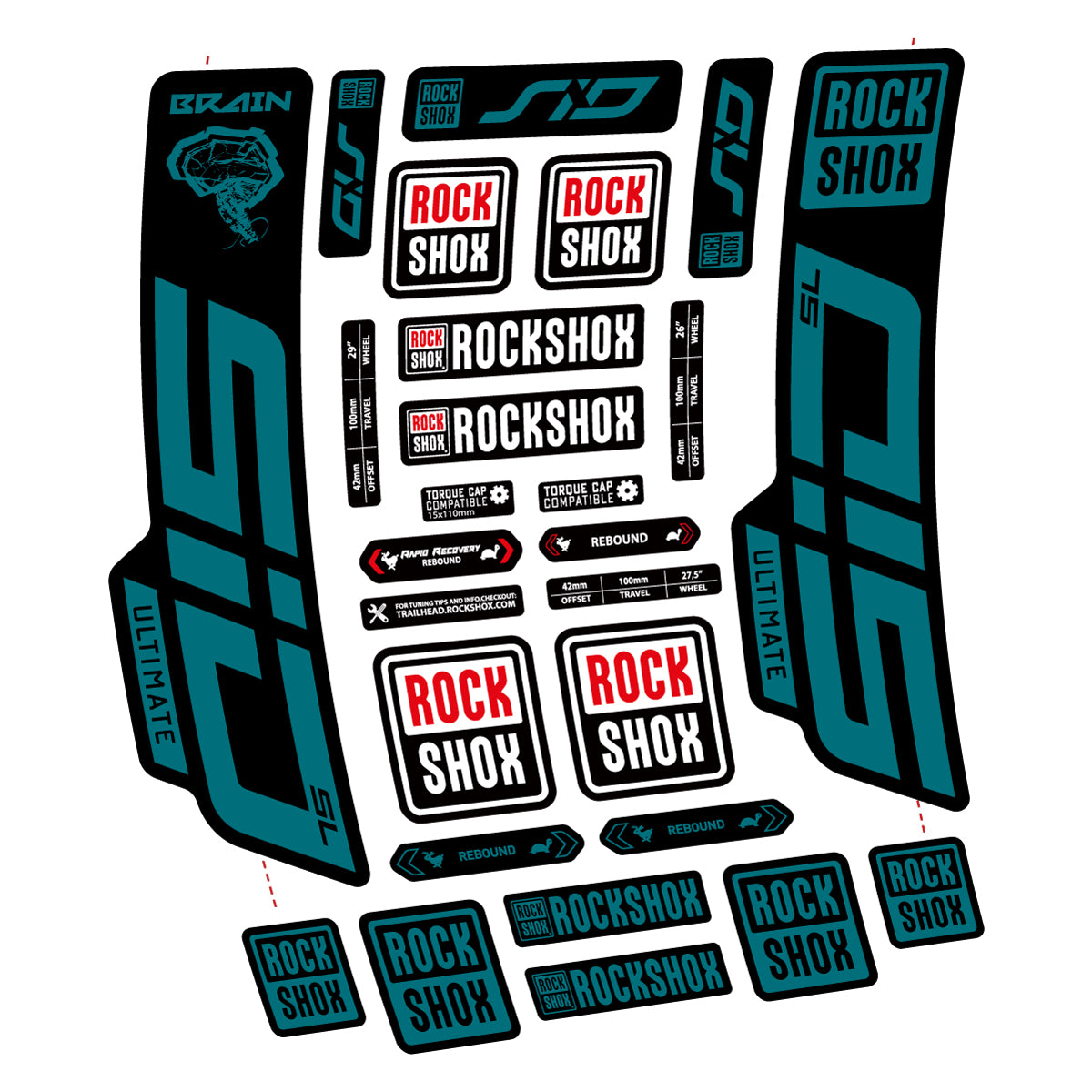 Stickers for RockShox SID Brain Ultimate 2021-2025, Fork vinyl decals - Dark Turquoise