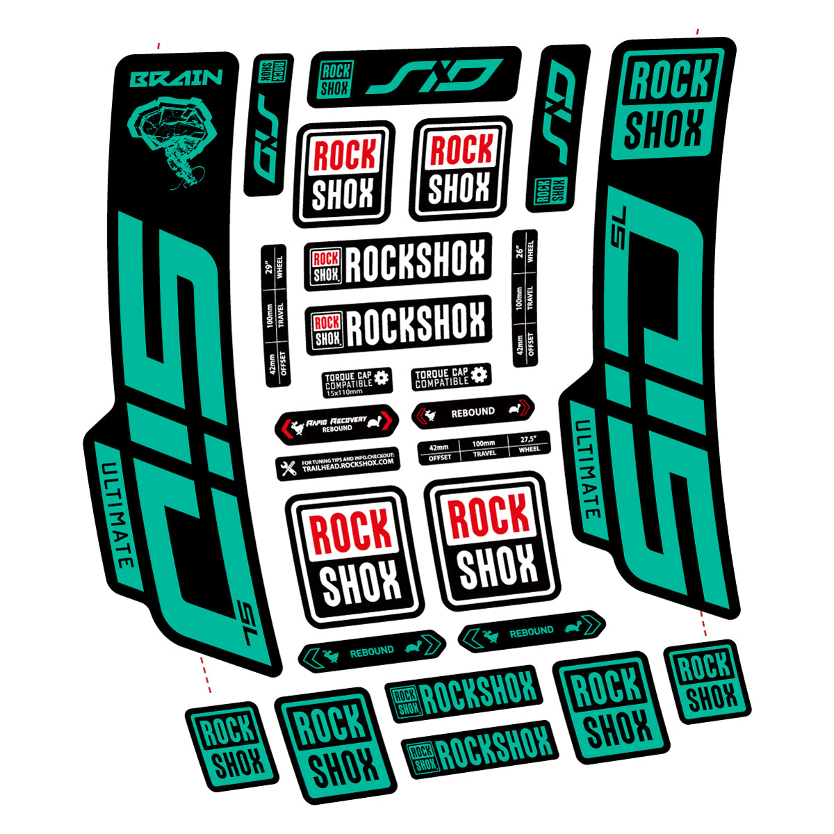 Stickers for RockShox SID Brain Ultimate 2021-2025, Fork vinyl decals - Green Turquoise