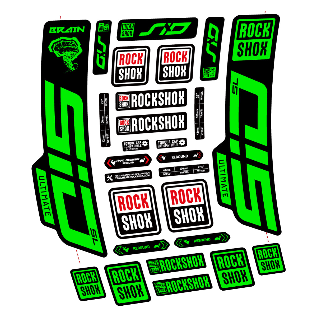 Stickers for RockShox SID Brain Ultimate 2021-2025, Fork vinyl decals - Neon Green