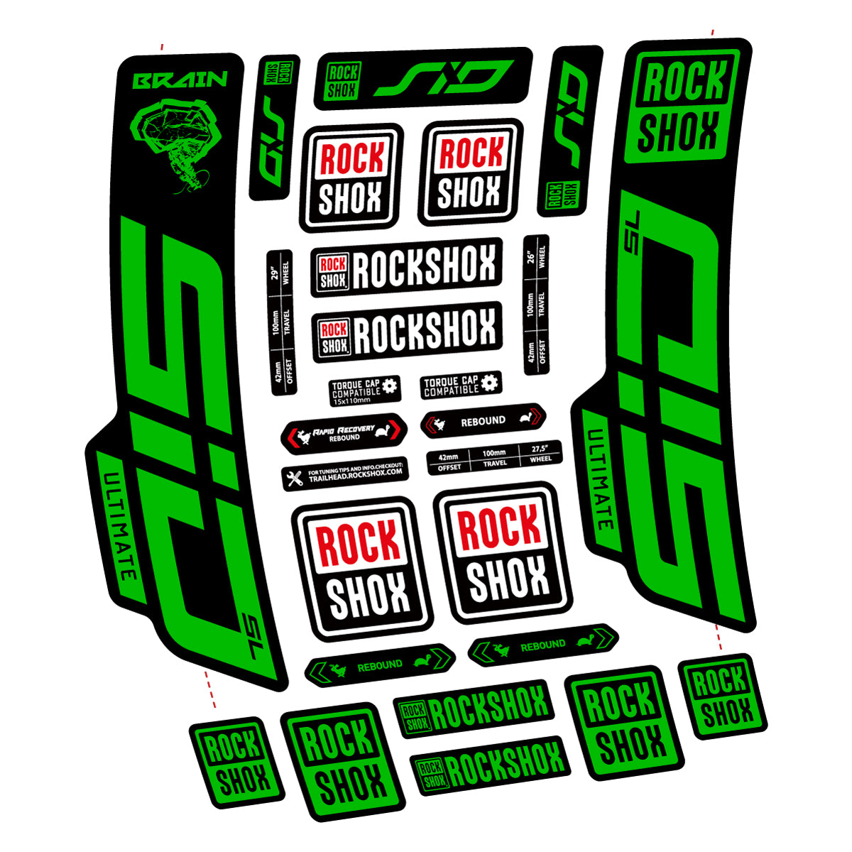 Stickers for RockShox SID Brain Ultimate 2021-2025, Fork vinyl decals - Grass Green
