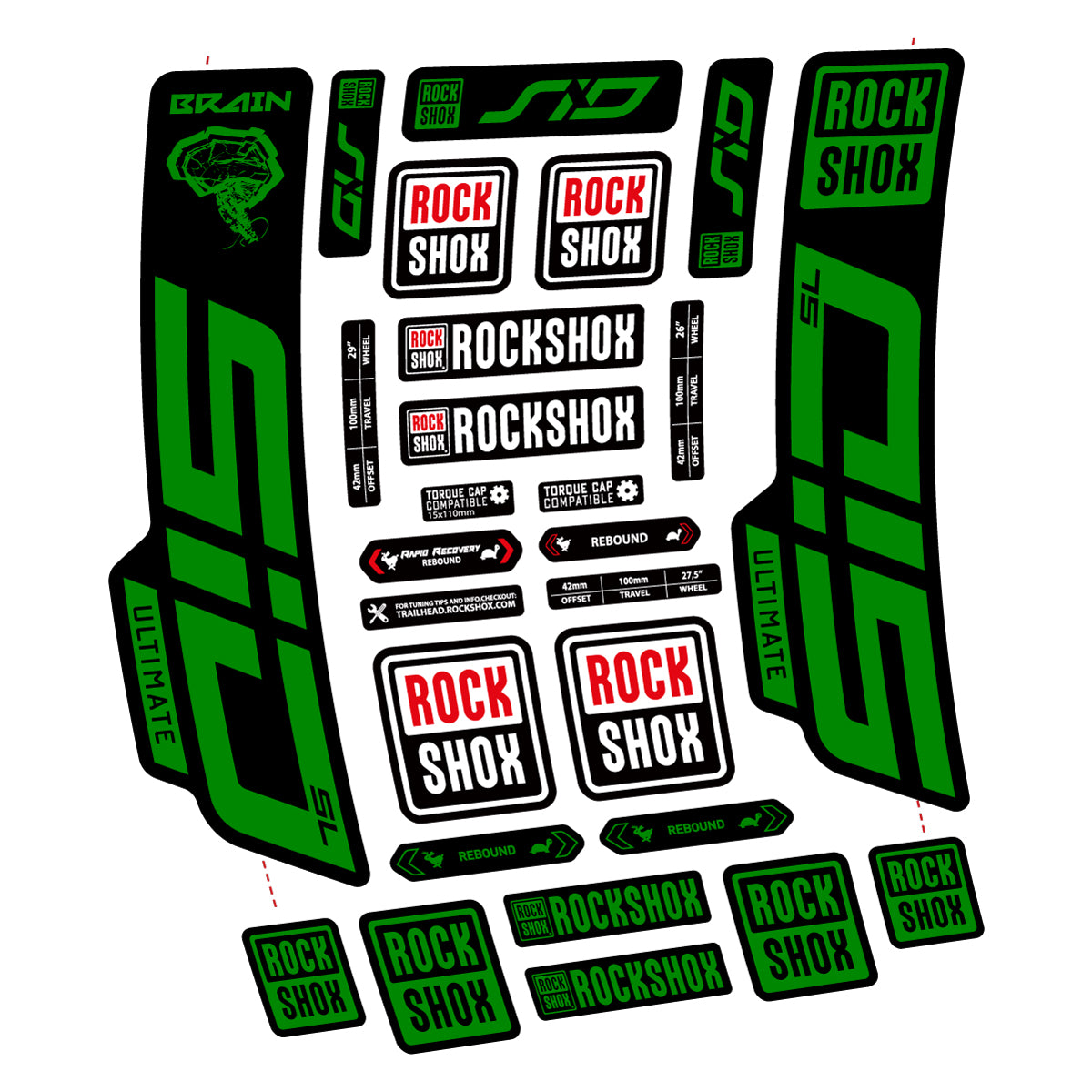 Stickers for RockShox SID Brain Ultimate 2021-2025, Fork vinyl decals - Medium Green