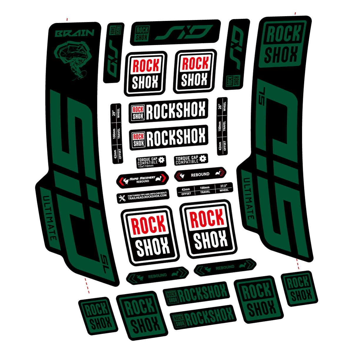 Stickers for RockShox SID Brain Ultimate 2021-2025, Fork vinyl decals - Dark Green