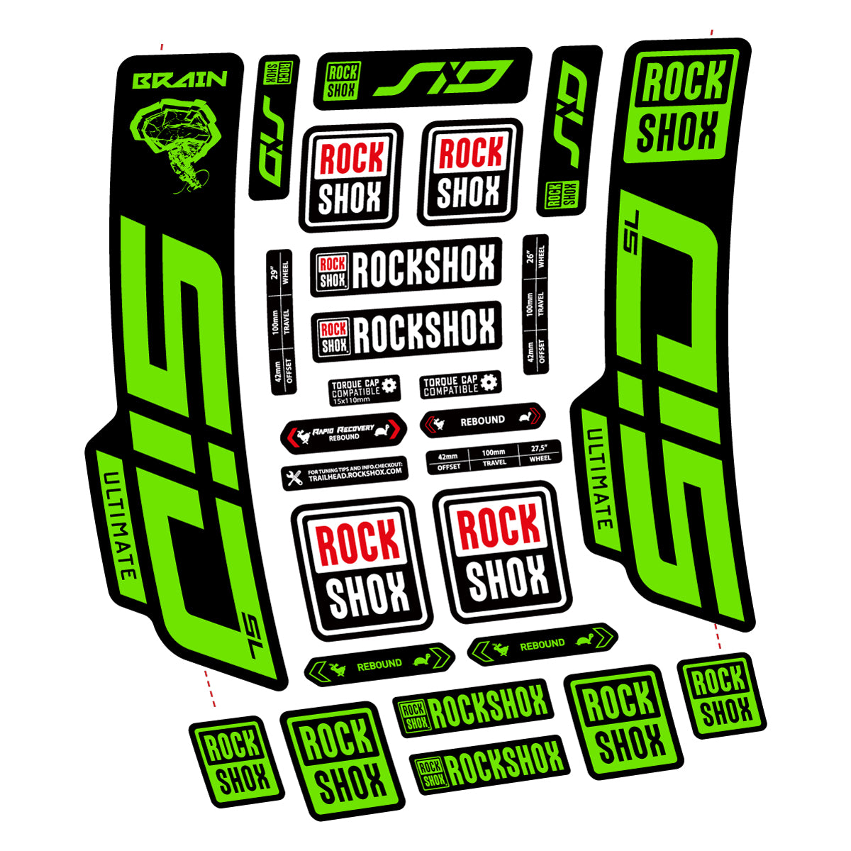 Stickers for RockShox SID Brain Ultimate 2021-2025, Fork vinyl decals - Apple Green