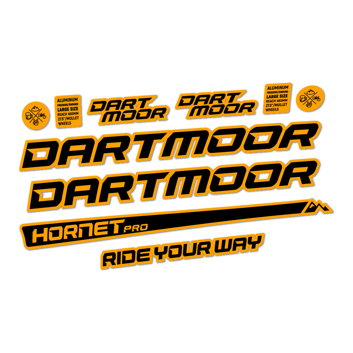Compatible Stickers for Dartmoor Hornet Pro 2022-2026, Frame vinyl decals - Orange Yellow