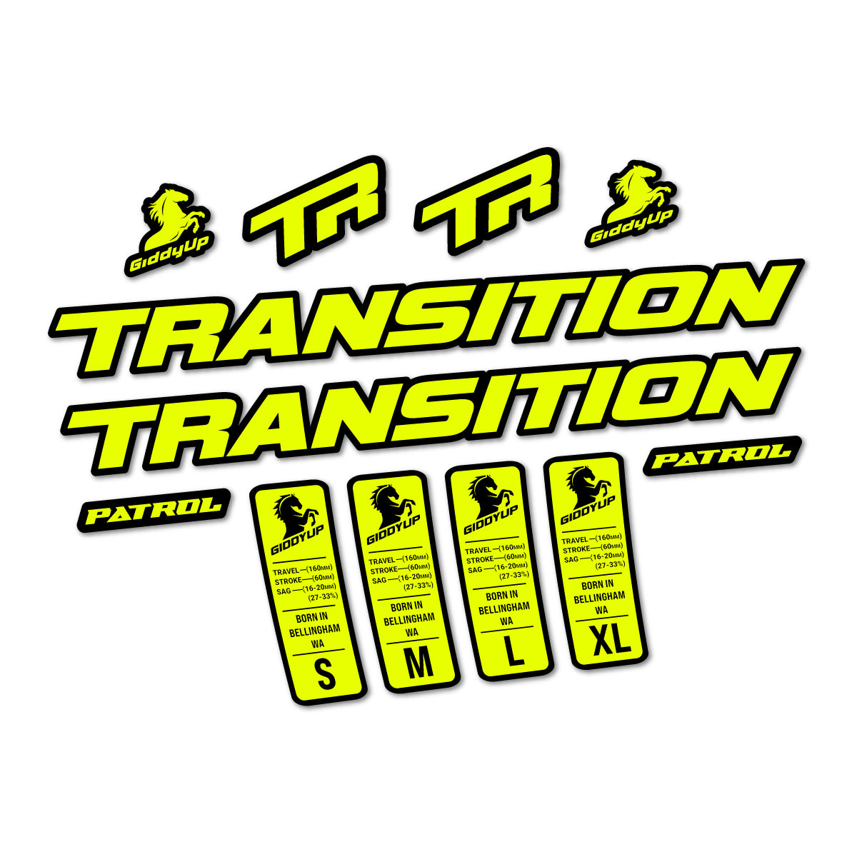 Compatible Stickers for Transition Patrol Alloy 2025-2026, Frame vinyl decals - Neon Yellow