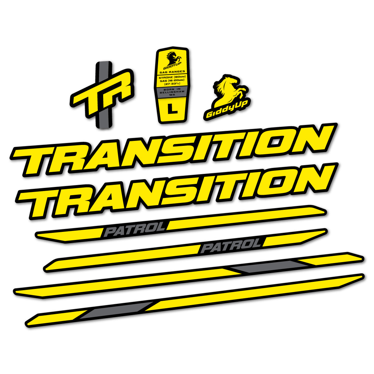 Stickers for Transition Patrol Carbon 2025–2026 frame, vinyl decals - Yellow