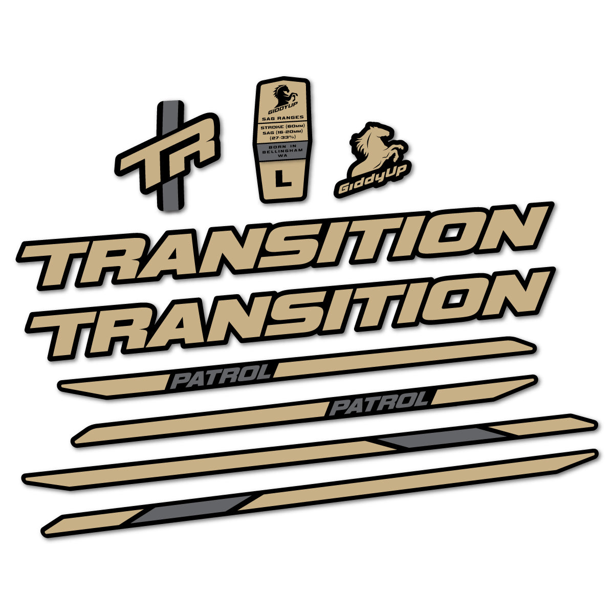 Stickers for Transition Patrol Carbon 2025–2026 frame, vinyl decals - Sand