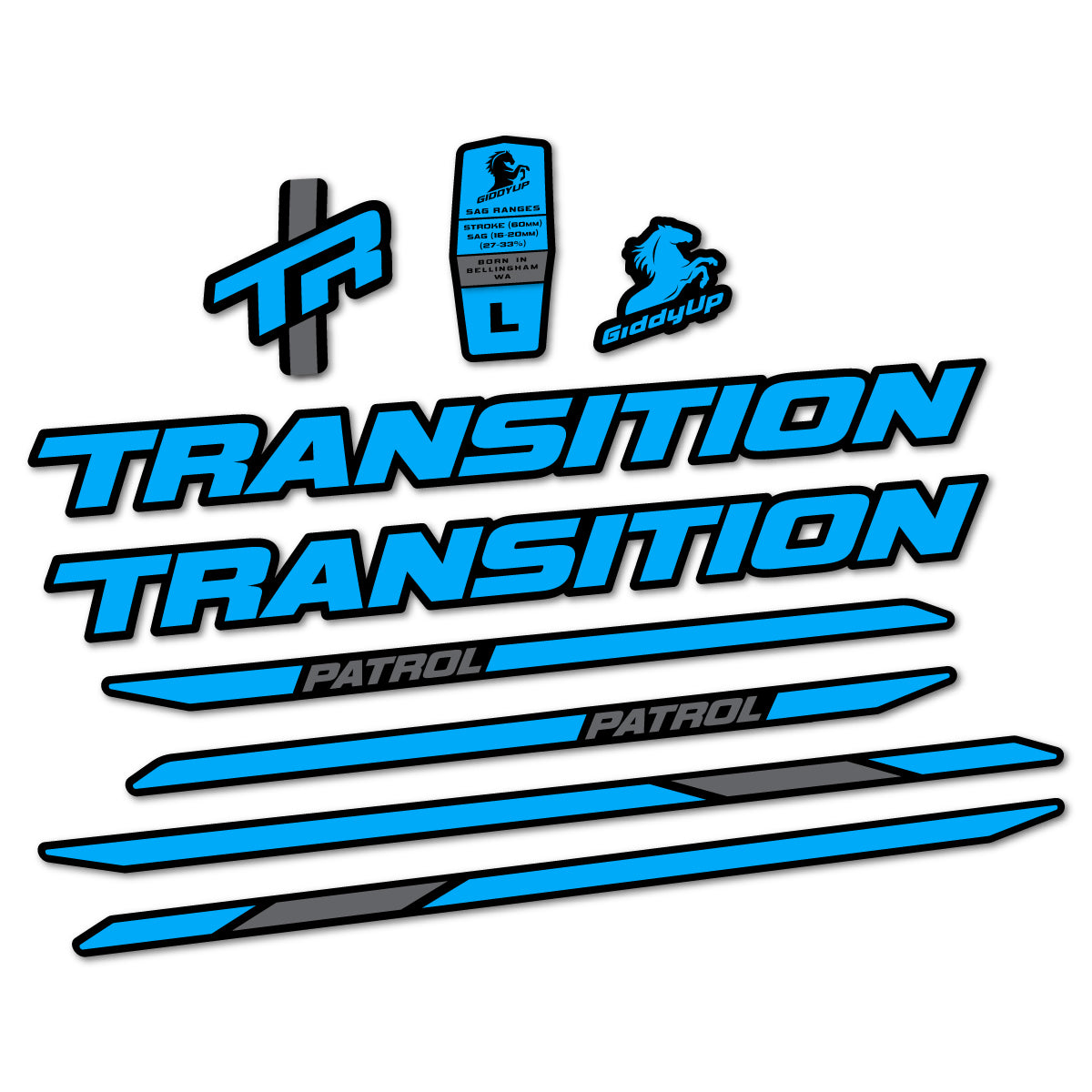 Stickers for Transition Patrol Carbon 2025–2026 frame, vinyl decals - Light Blue