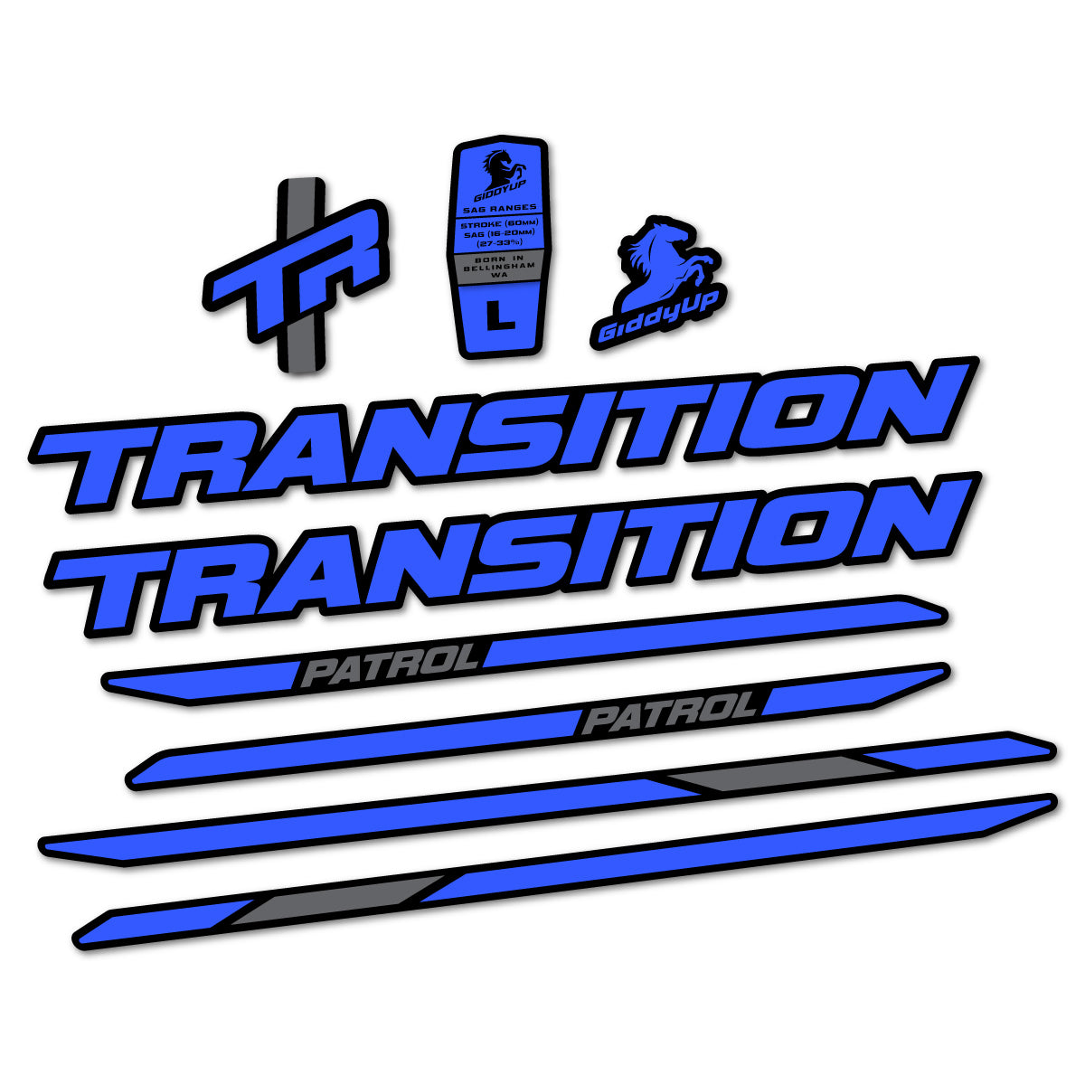 Stickers for Transition Patrol Carbon 2025–2026 frame, vinyl decals - Medium Blue