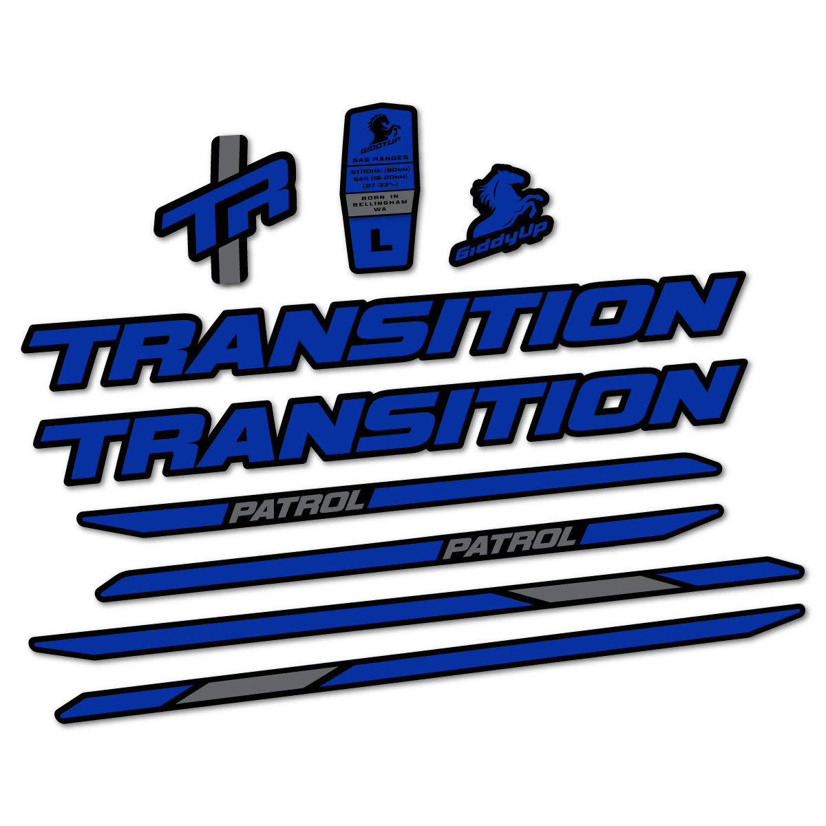 Stickers for Transition Patrol Carbon 2025–2026 frame, vinyl decals - Ultramarine Blue