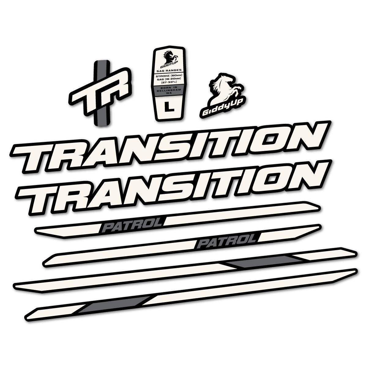 Stickers for Transition Patrol Carbon 2025–2026 frame, vinyl decals - Bone White