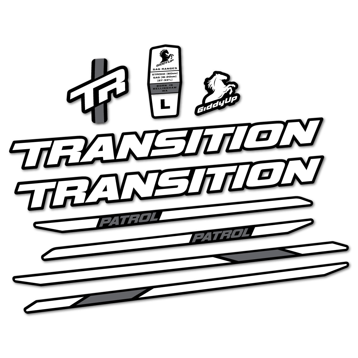 Stickers for Transition Patrol Carbon 2025–2026 frame, vinyl decals - White