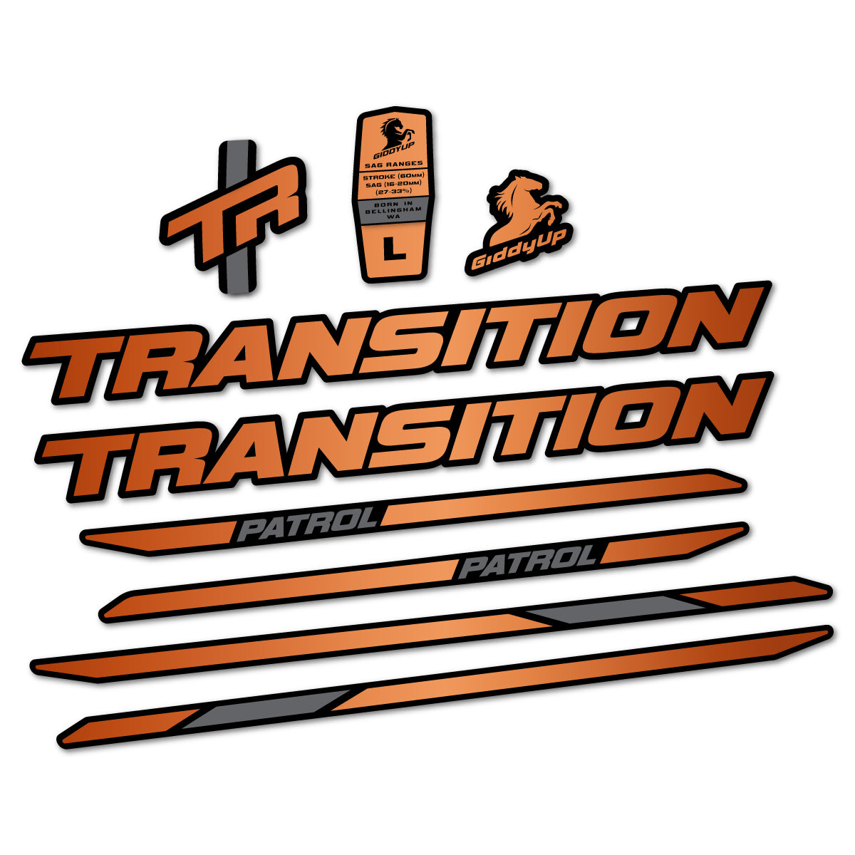 Stickers for Transition Patrol Carbon 2025–2026 frame, vinyl decals - Bronze