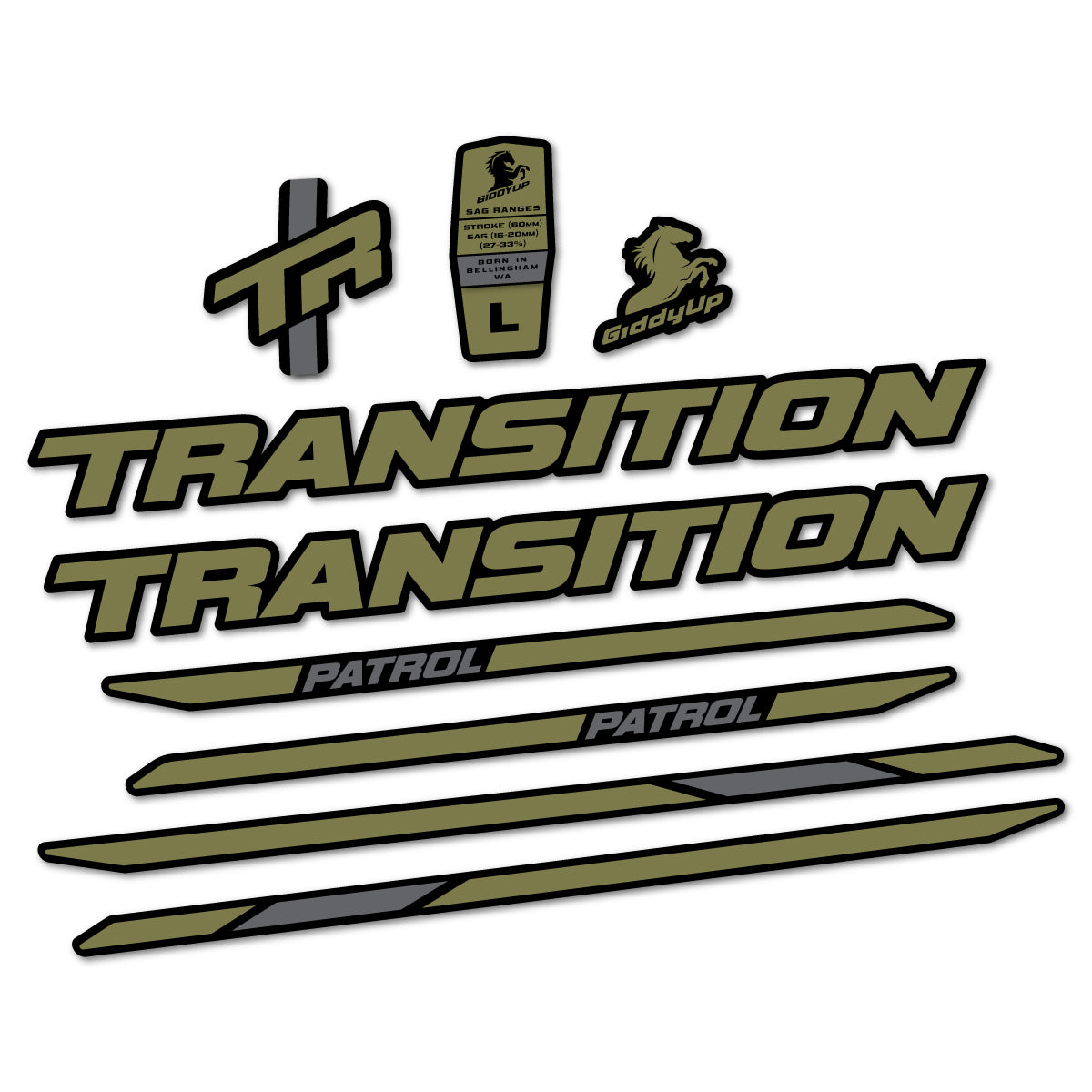 Stickers for Transition Patrol Carbon 2025–2026 frame, vinyl decals - Khaki