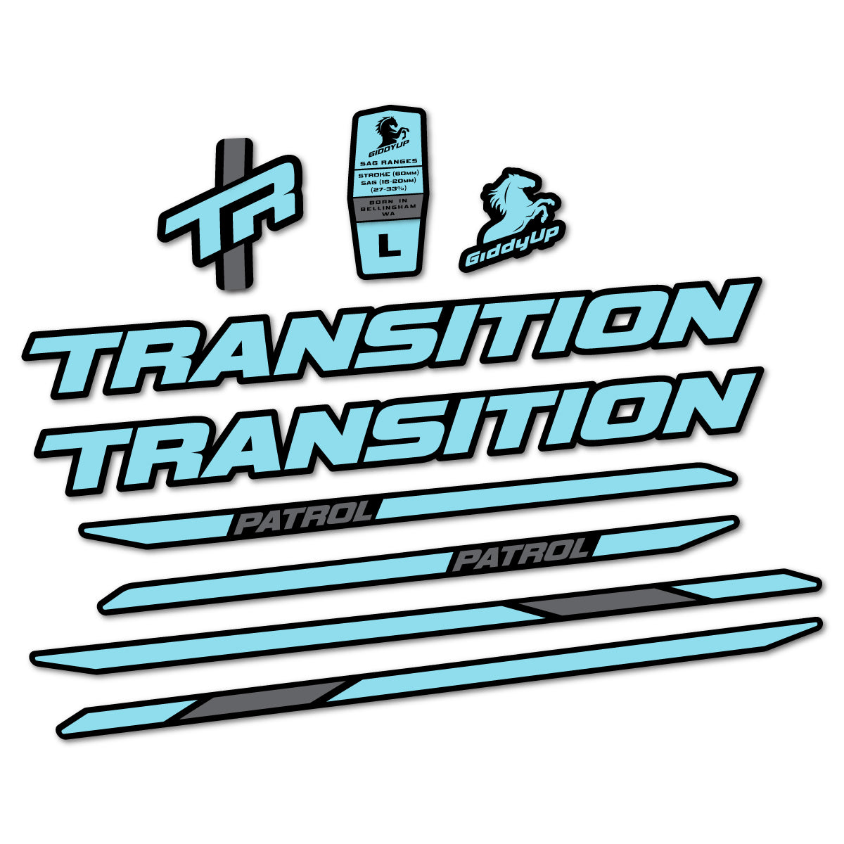 Stickers for Transition Patrol Carbon 2025–2026 frame, vinyl decals - Sky Blue