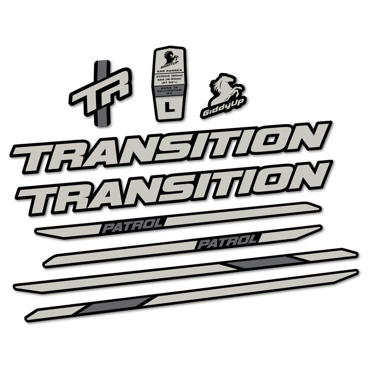 Stickers for Transition Patrol Carbon 2025–2026 frame, vinyl decals - Light Grey