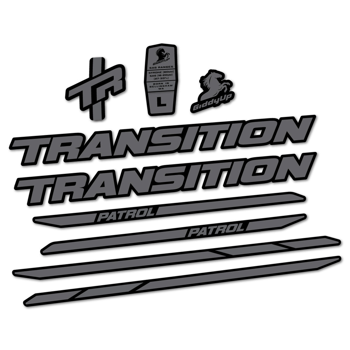 Stickers for Transition Patrol Carbon 2025–2026 frame, vinyl decals - Medium Grey