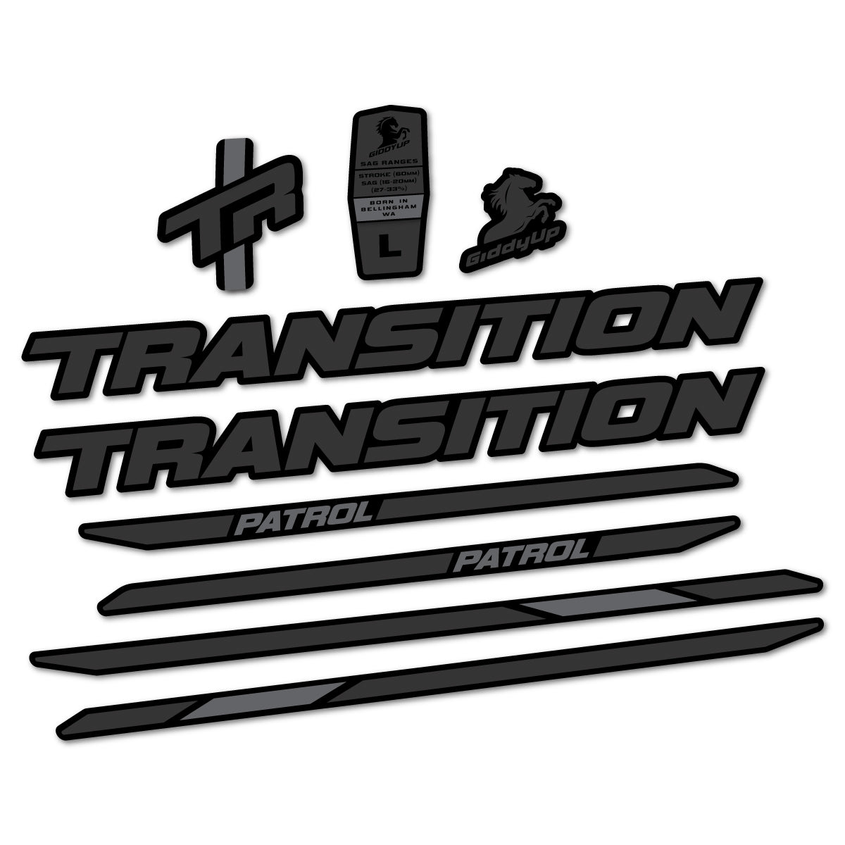 Stickers for Transition Patrol Carbon 2025–2026 frame, vinyl decals - Very Dark Grey