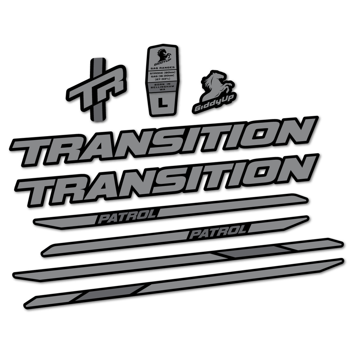 Stickers for Transition Patrol Carbon 2025–2026 frame, vinyl decals - Traffic Grey