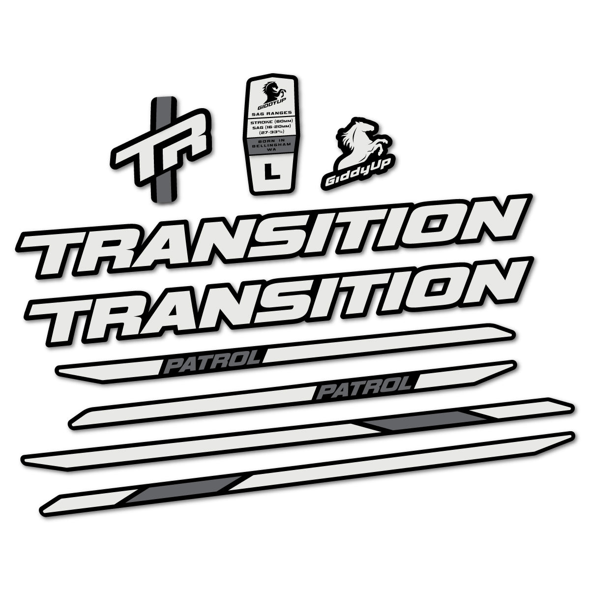 Stickers for Transition Patrol Carbon 2025–2026 frame, vinyl decals - Pearl Grey