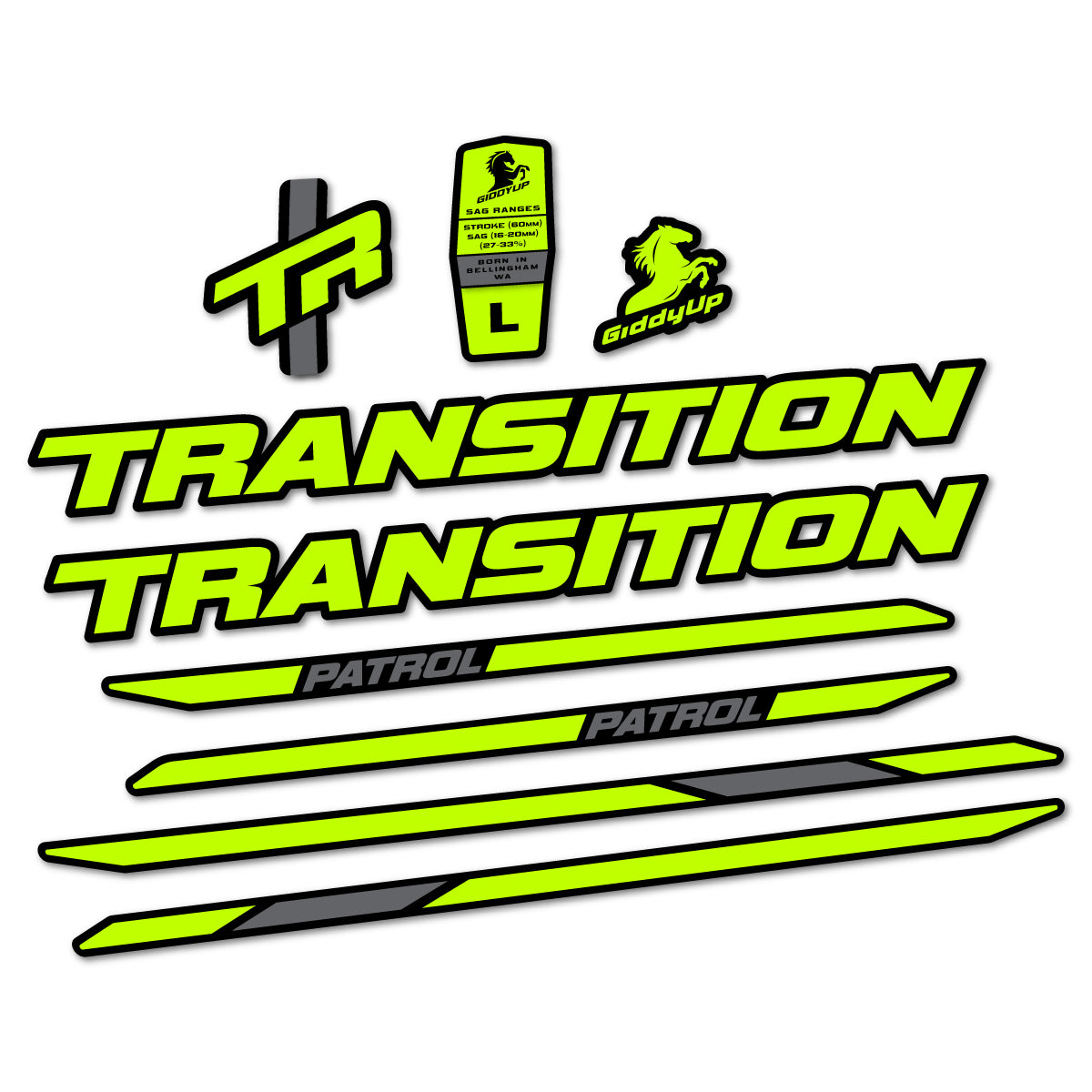 Stickers for Transition Patrol Carbon 2025–2026 frame, vinyl decals - Lime Neon