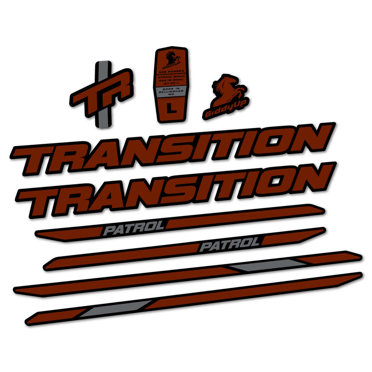 Stickers for Transition Patrol Carbon 2025–2026 frame, vinyl decals - Brown