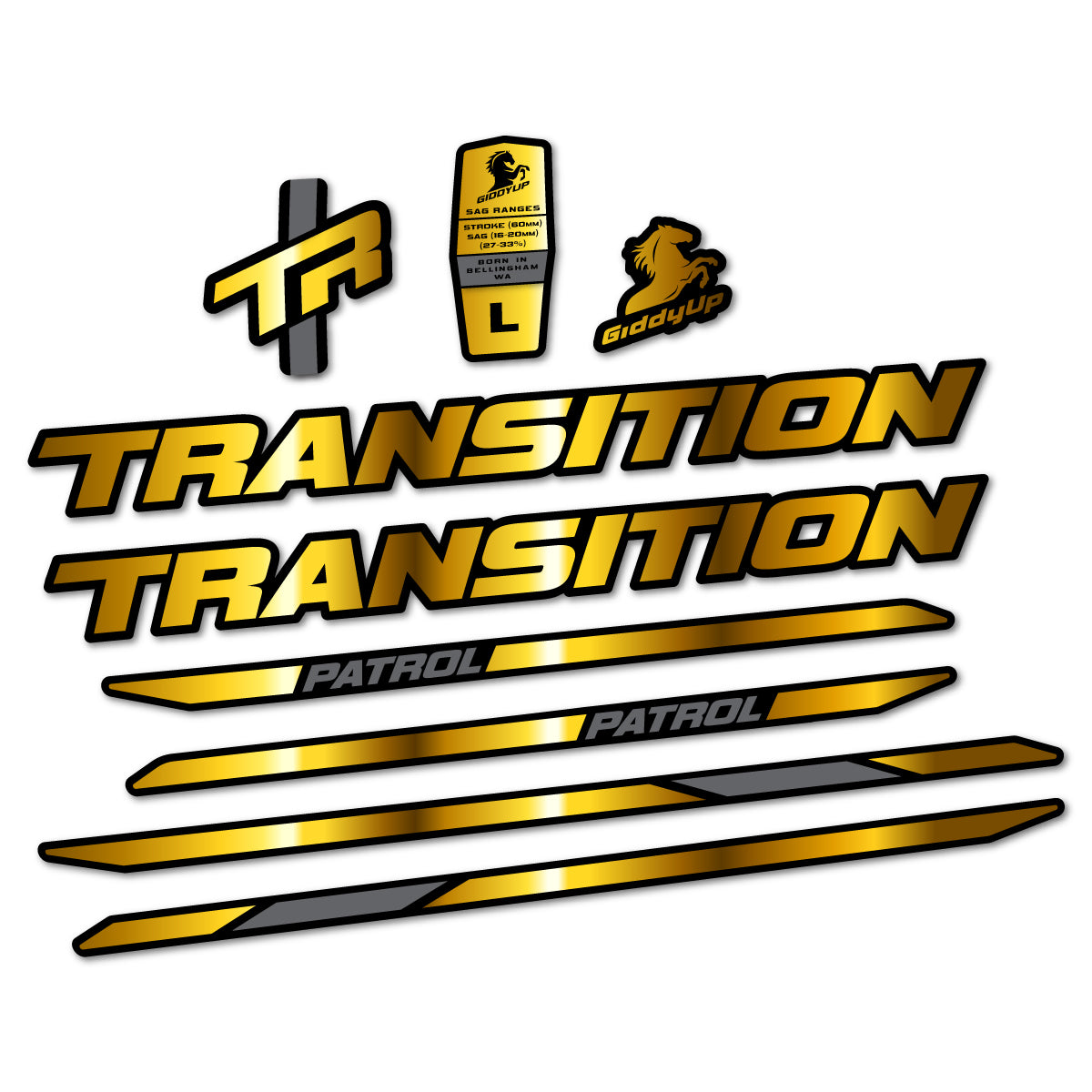 Stickers for Transition Patrol Carbon 2025–2026 frame, vinyl decals - Chrome Gold