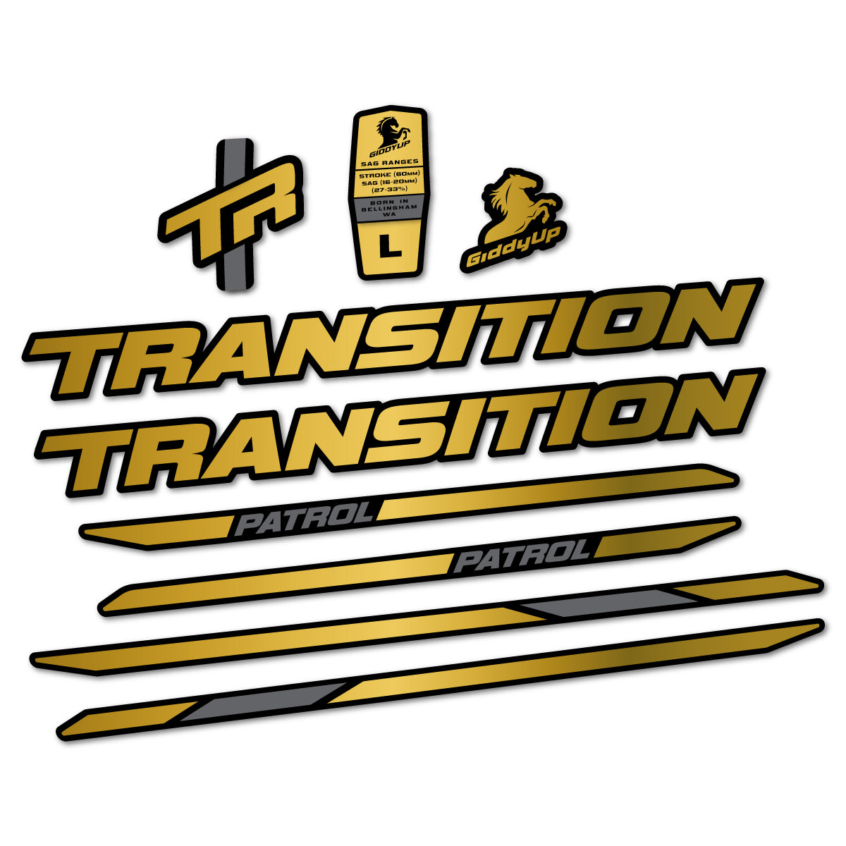 Stickers for Transition Patrol Carbon 2025–2026 frame, vinyl decals - Gold