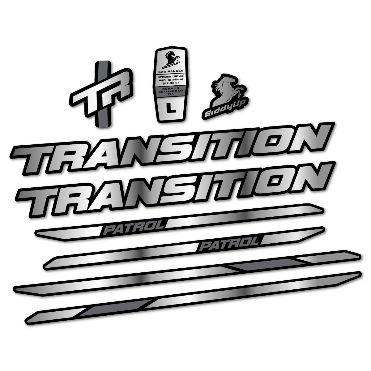 Stickers for Transition Patrol Carbon 2025–2026 frame, vinyl decals - Chrome Silver