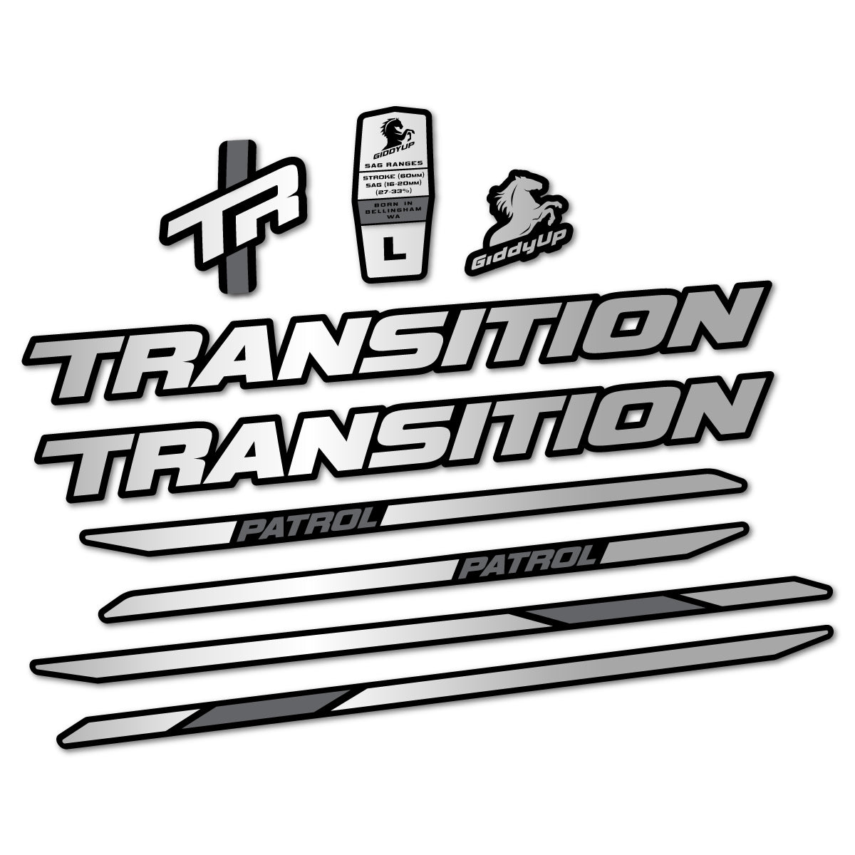 Stickers for Transition Patrol Carbon 2025–2026 frame, vinyl decals - Light Silver