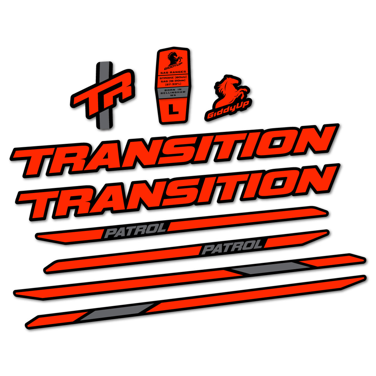 Stickers for Transition Patrol Carbon 2025–2026 frame, vinyl decals - Neon Red