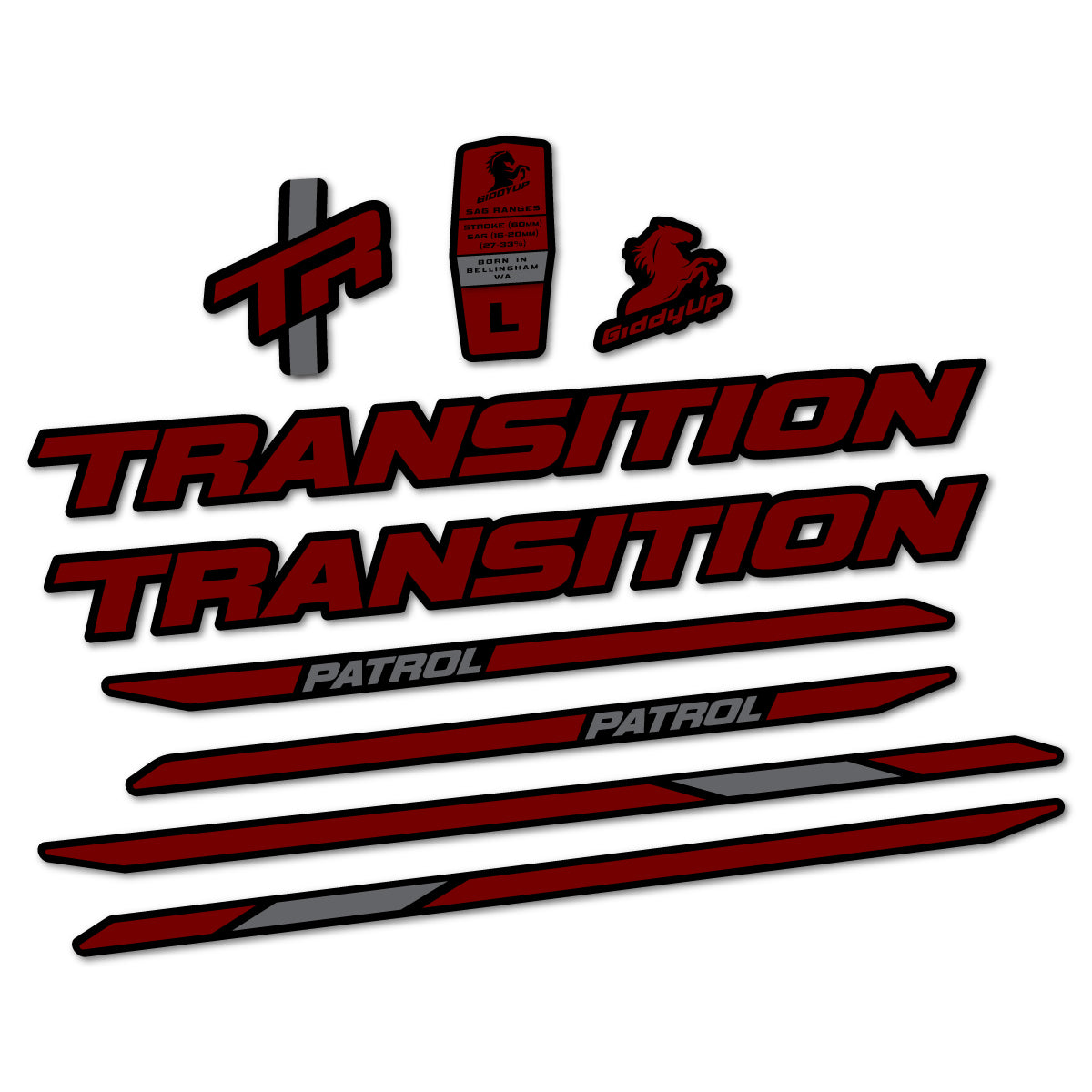 Stickers for Transition Patrol Carbon 2025–2026 frame, vinyl decals - Very Dark Red