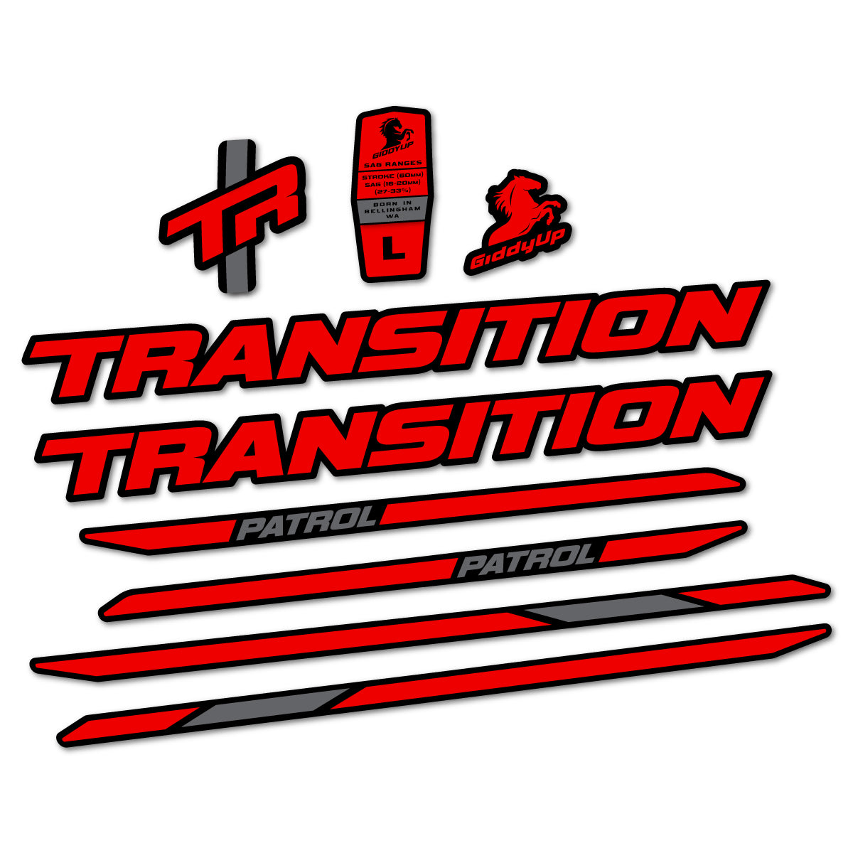 Stickers for Transition Patrol Carbon 2025–2026 frame, vinyl decals - Red