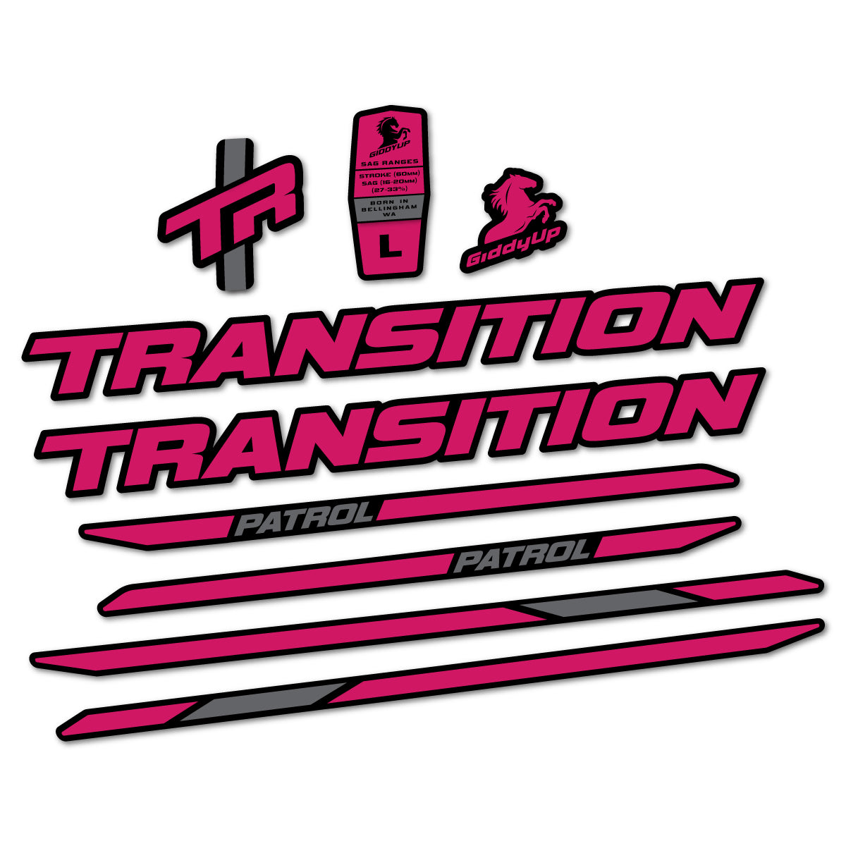 Stickers for Transition Patrol Carbon 2025–2026 frame, vinyl decals - Dark Pink
