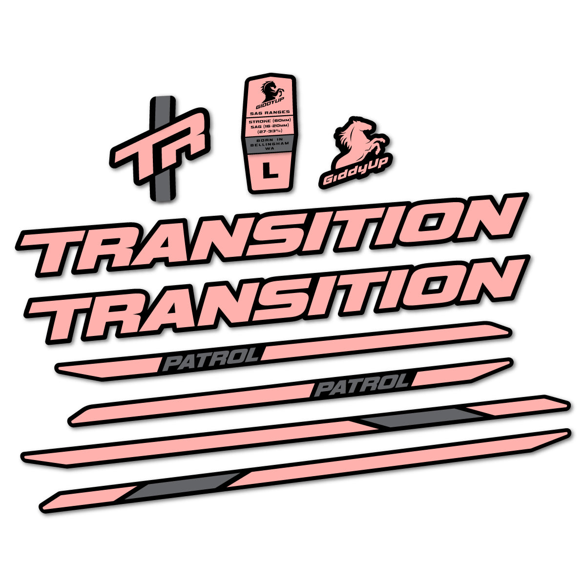 Stickers for Transition Patrol Carbon 2025–2026 frame, vinyl decals - Salmon Pink