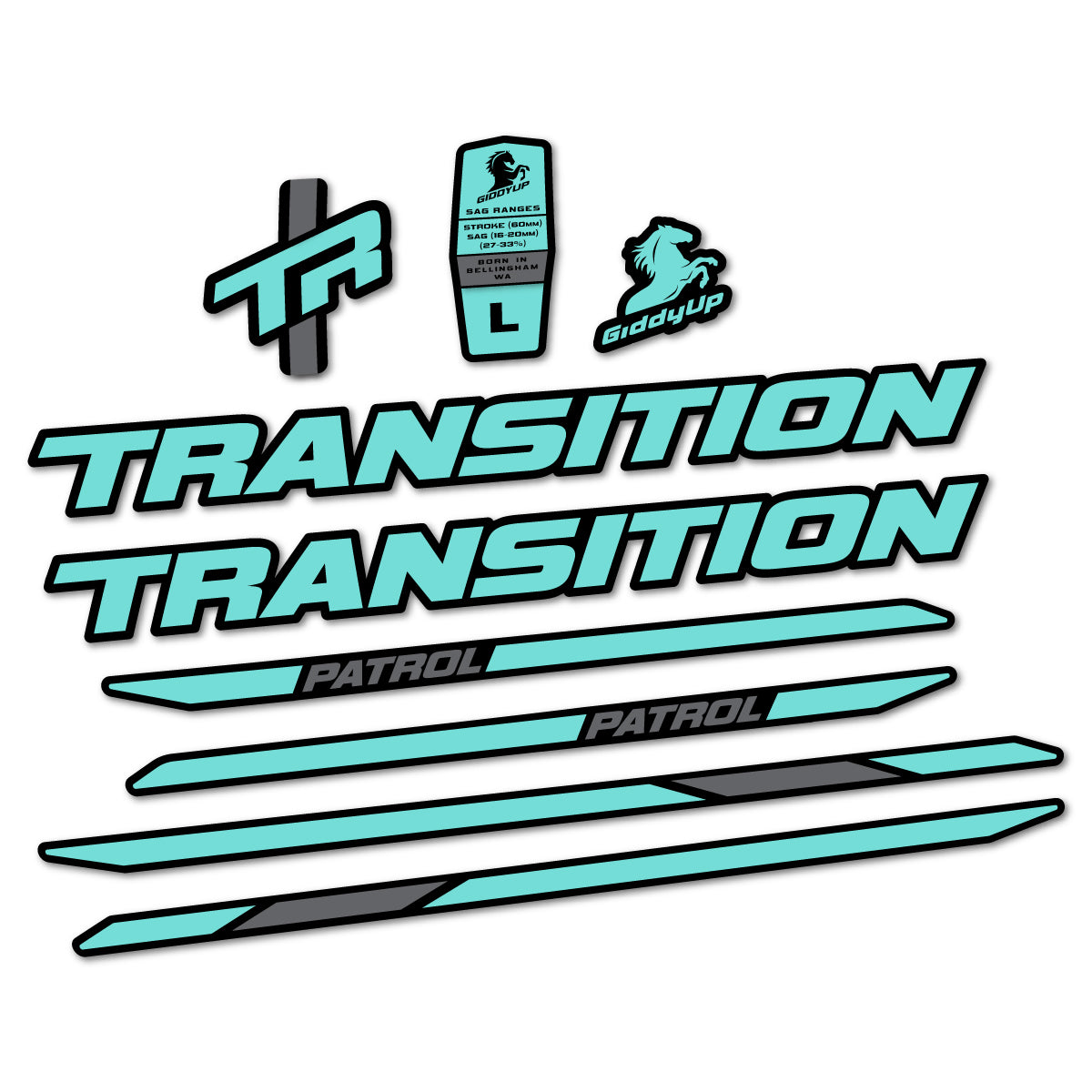 Stickers for Transition Patrol Carbon 2025–2026 frame, vinyl decals - Blue Green