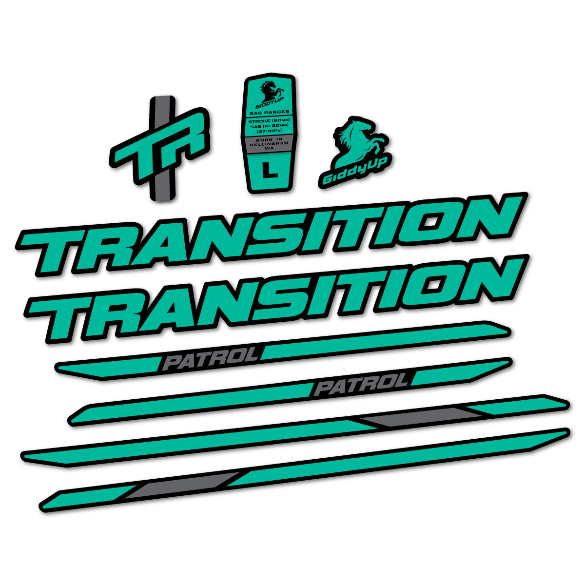 Stickers for Transition Patrol Carbon 2025–2026 frame, vinyl decals - Green Turquoise