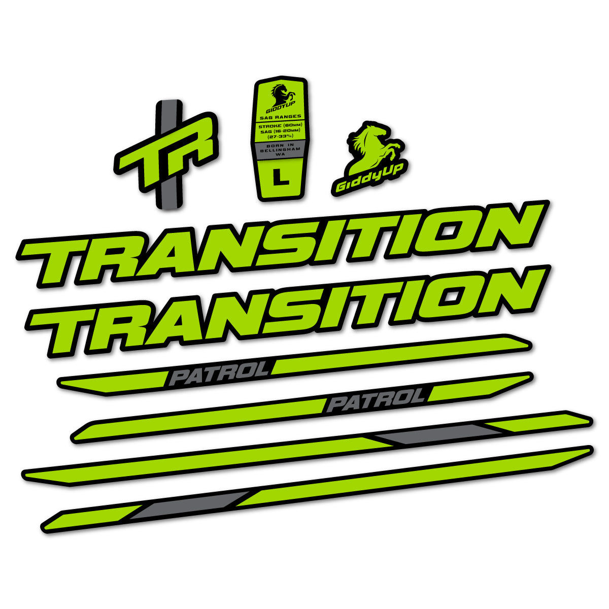 Stickers for Transition Patrol Carbon 2025–2026 frame, vinyl decals - Lime Green