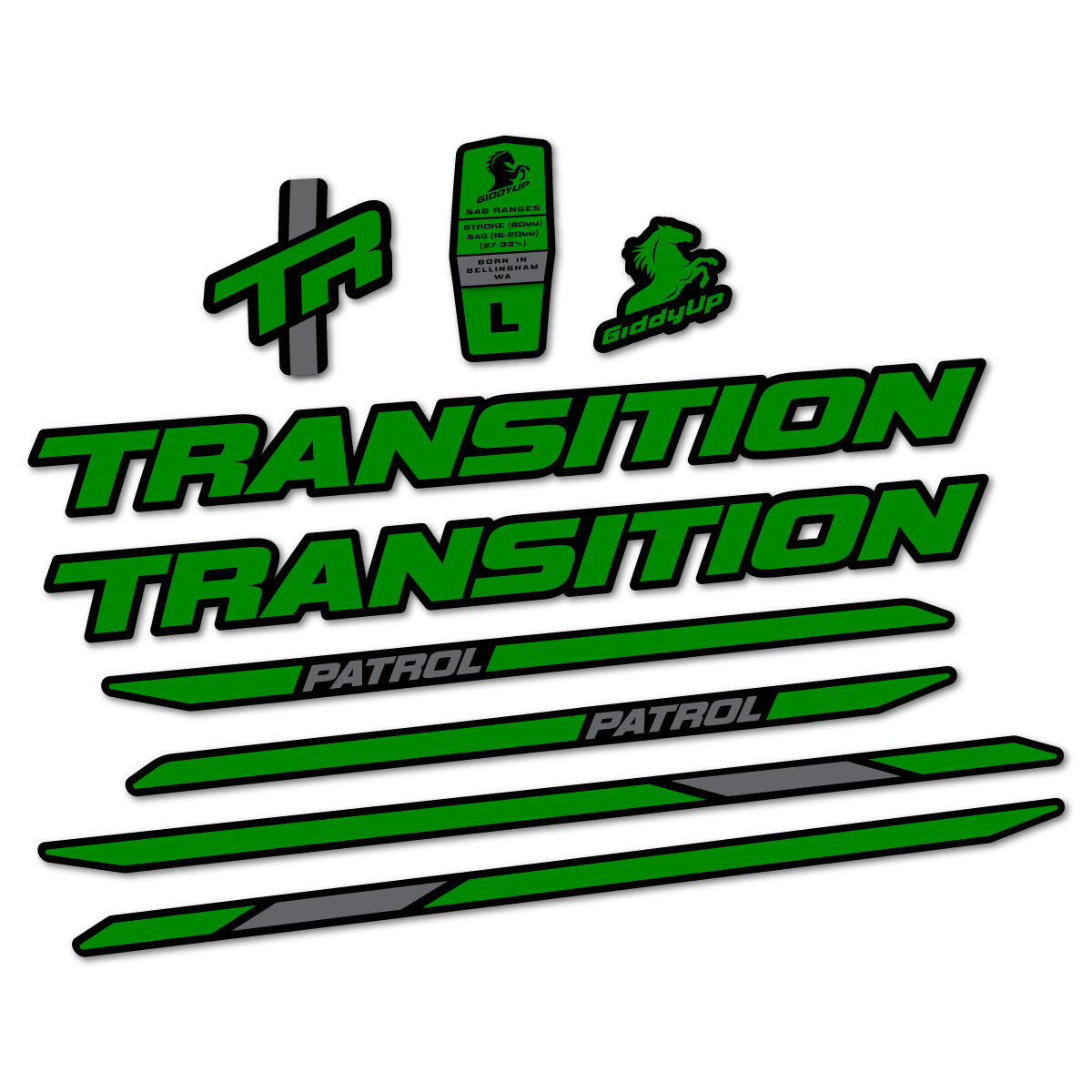Stickers for Transition Patrol Carbon 2025–2026 frame, vinyl decals - Medium Green