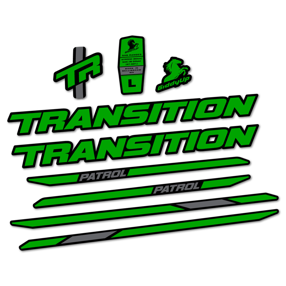Stickers for Transition Patrol Carbon 2025–2026 frame, vinyl decals - Green