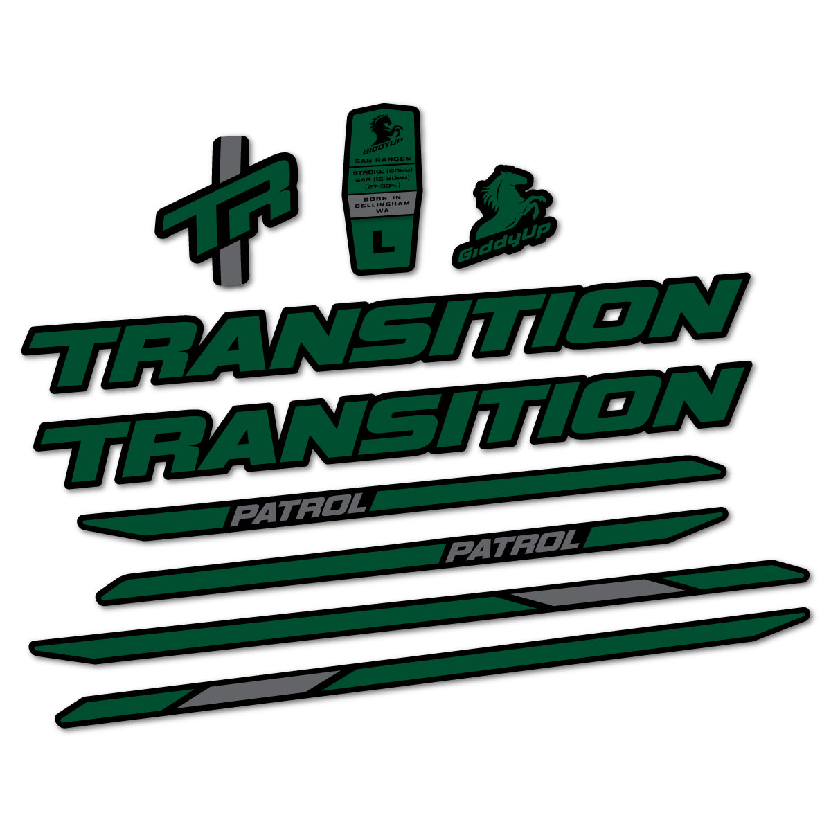 Stickers for Transition Patrol Carbon 2025–2026 frame, vinyl decals - Dark Green