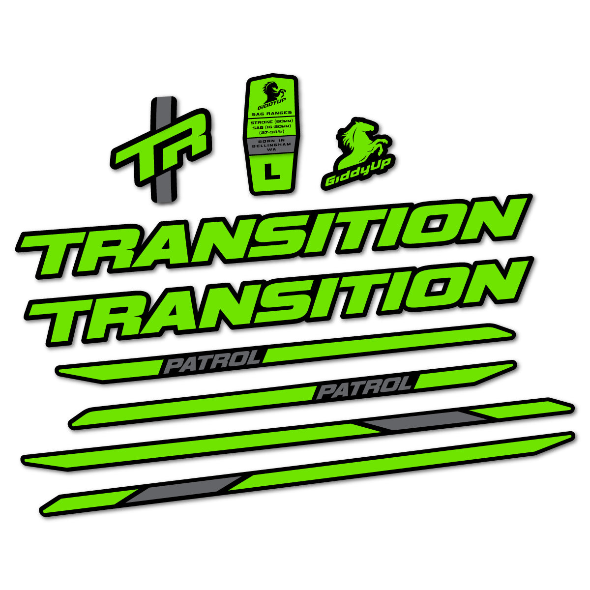 Stickers for Transition Patrol Carbon 2025–2026 frame, vinyl decals - Apple Green