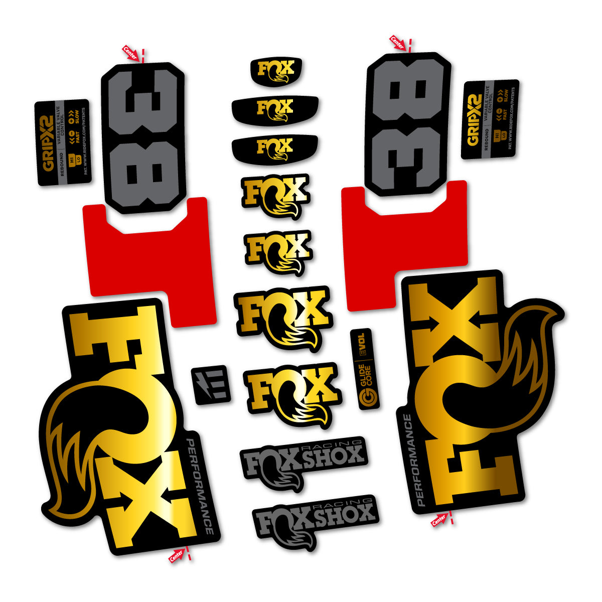 Stickers for Fox 38 Performance 2027, Fork vinyl decals - Chrome Gold