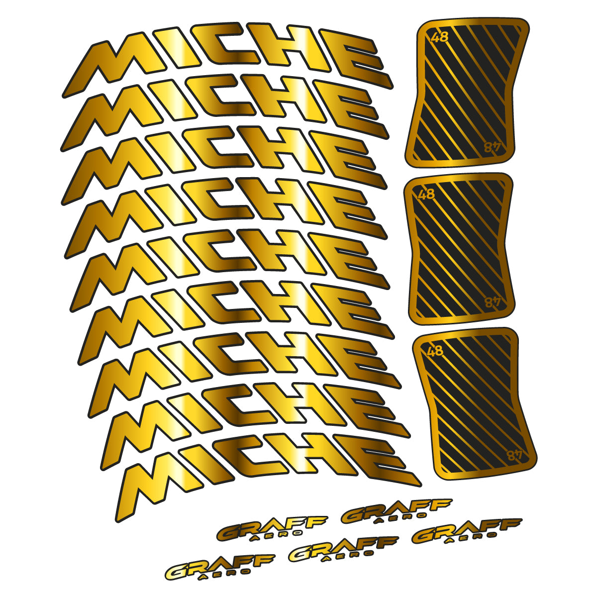 Compatible Stickers for Miche Graff Aero 48, Road Wheel 48mm vinyl decals - Chrome Gold