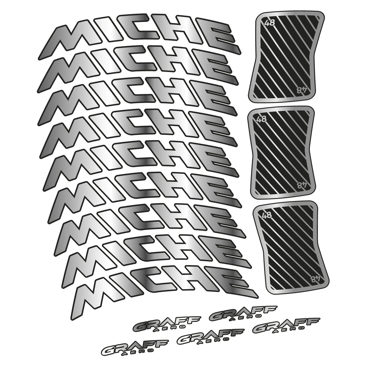 Compatible Stickers for Miche Graff Aero 48, Road Wheel 48mm vinyl decals - Chrome Silver