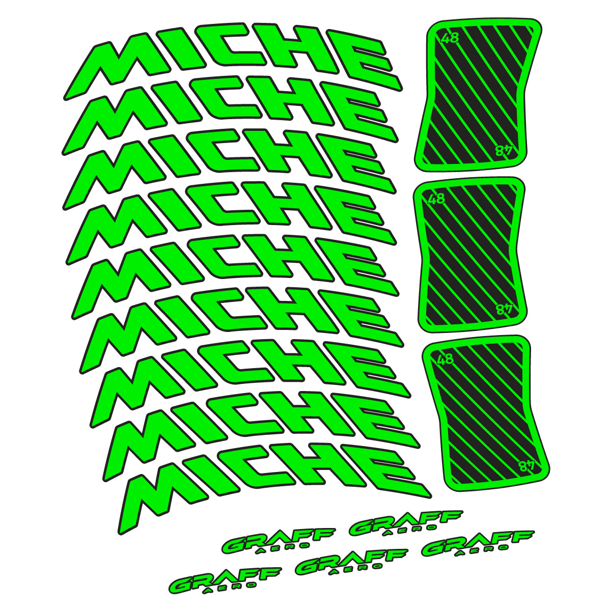 Compatible Stickers for Miche Graff Aero 48, Road Wheel 48mm vinyl decals - Neon Green