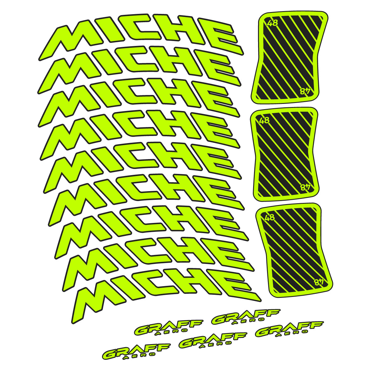 Compatible Stickers for Miche Graff Aero 48, Road Wheel 48mm vinyl decals - Lime Neon